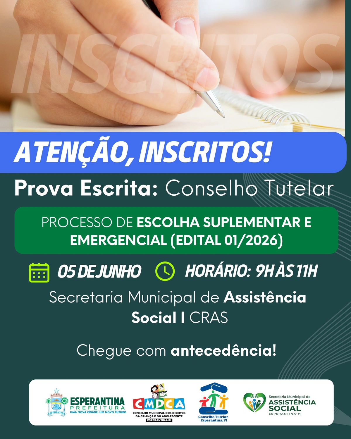 Prefeitura de Esperantina anuncia data e local da prova escrita do processo de escolha para o Conselho Tutelar