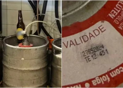 Produtos vencidos e cervejas diferentes do rótulo do barril de chopp