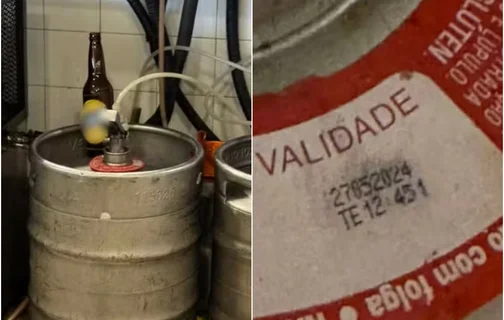 Produtos vencidos e cervejas diferentes do rótulo do barril de chopp