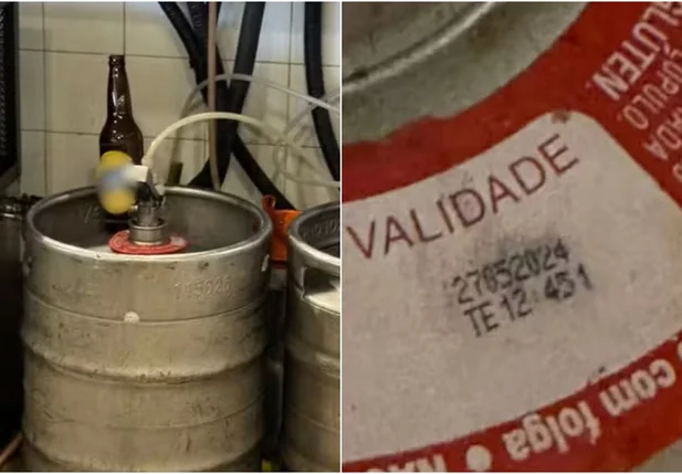 Produtos vencidos e cervejas diferentes do rótulo do barril de chopp