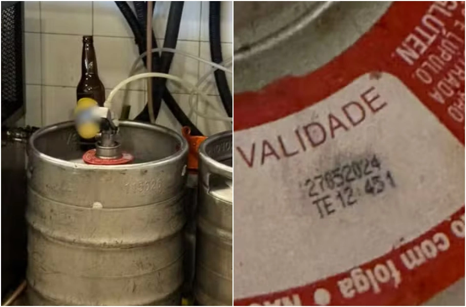 Produtos vencidos e cervejas diferentes do rótulo do barril de chopp