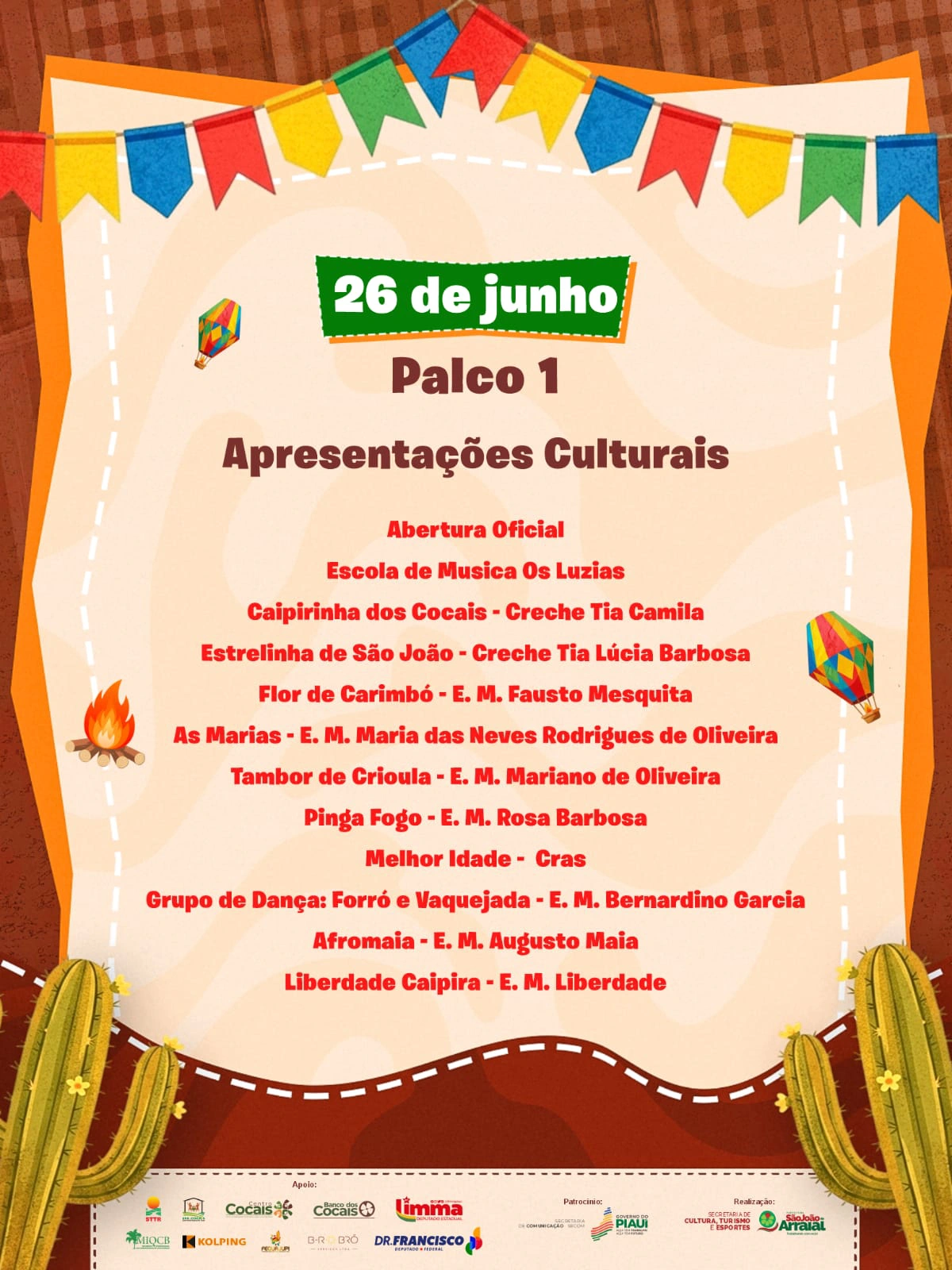 Programação XXI Festival Cultural dos Cocais dia 26 de junho (Palco 1)