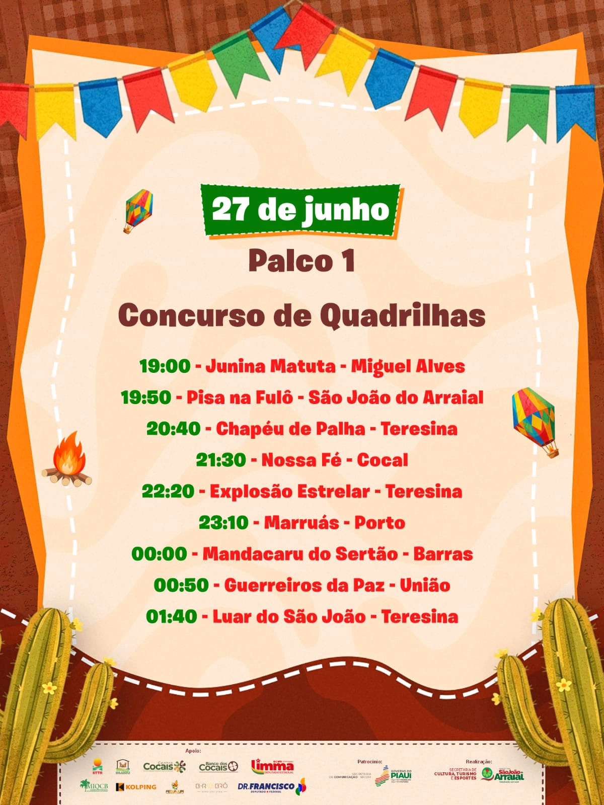 Programação XXI Festival Cultural dos Cocais dia 27 de junho (Palco 1)