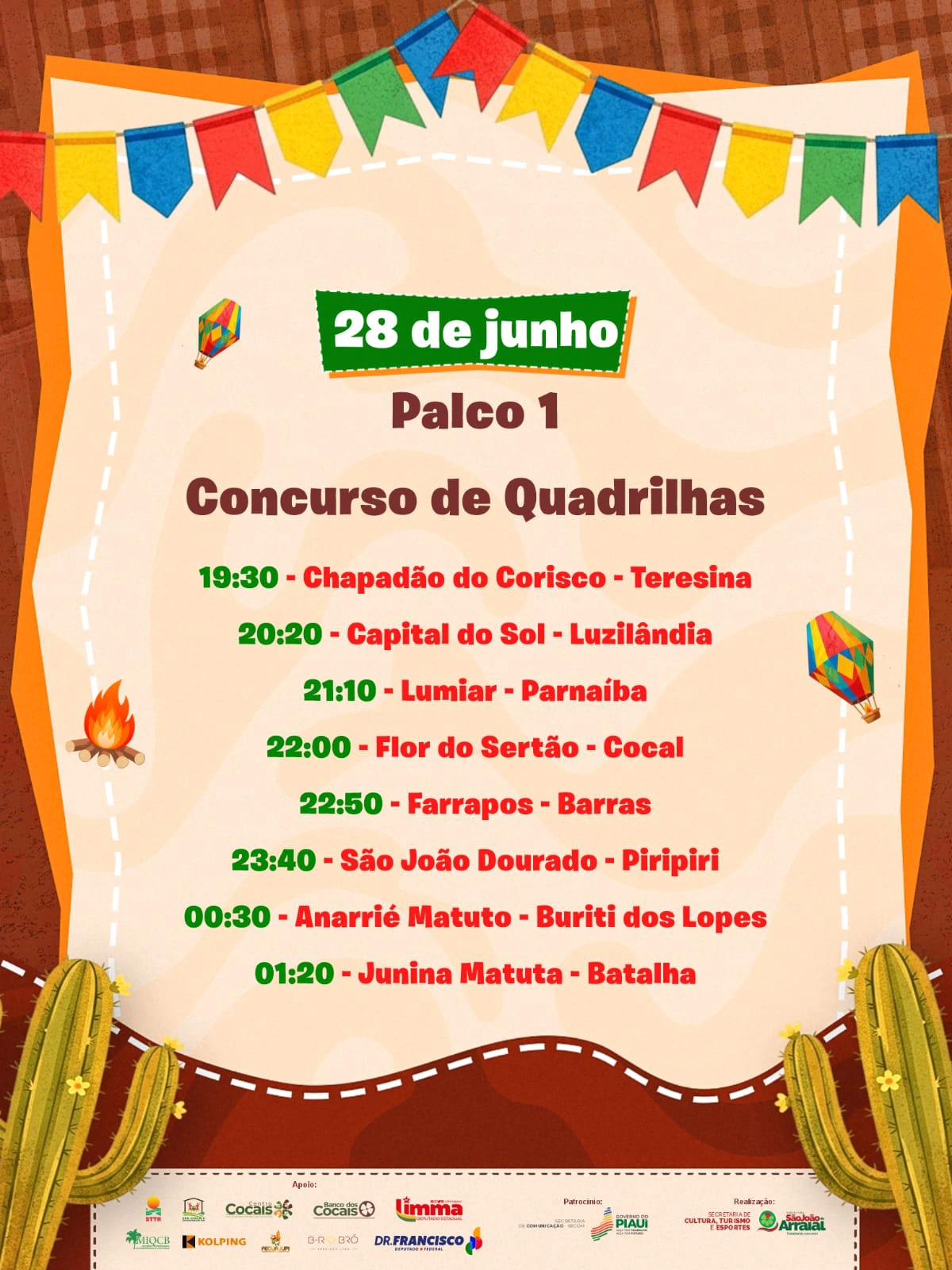 Programação XXI Festival Cultural dos Cocais dia 28 de junho (Palco 1)