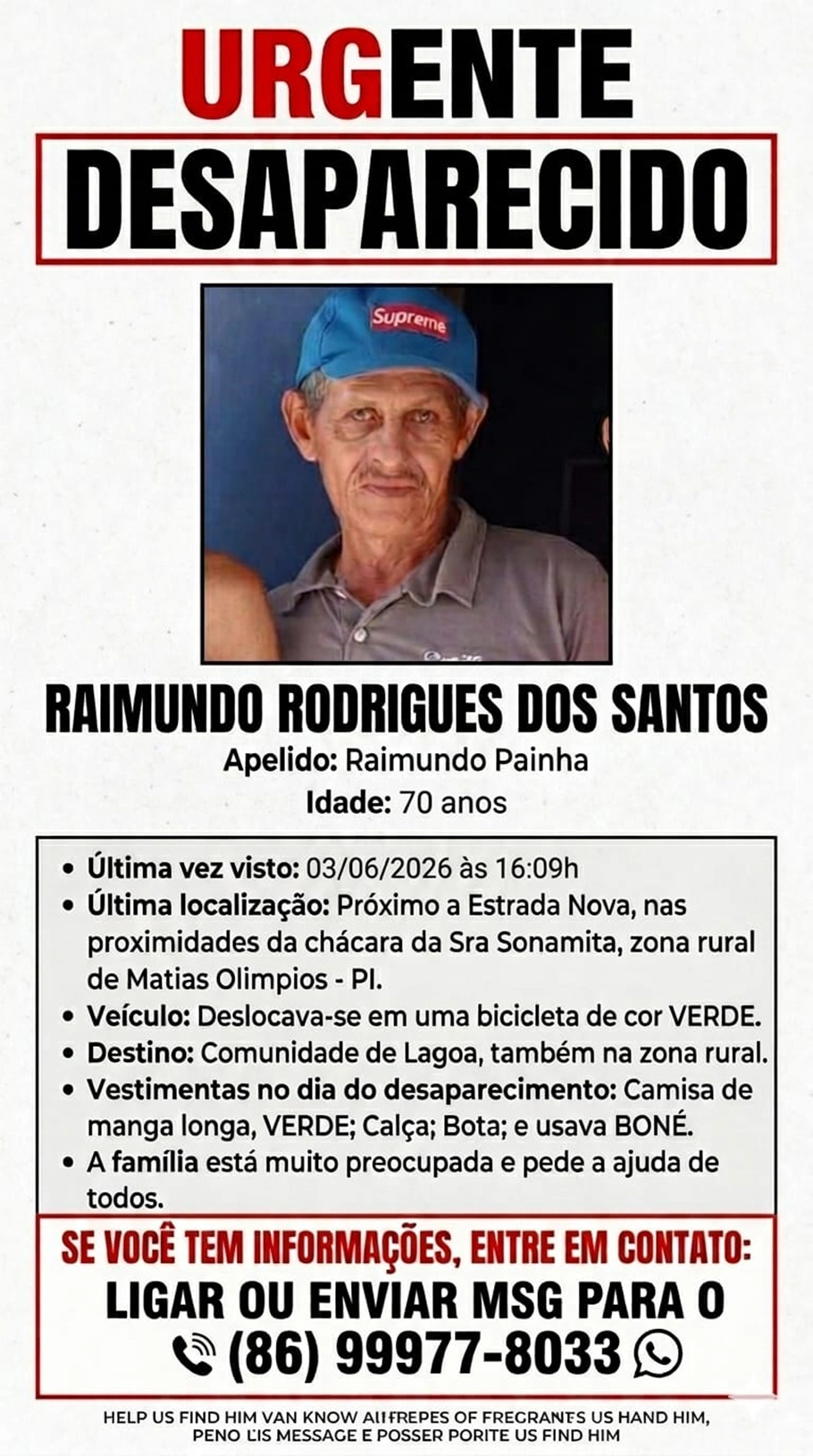 Raimundo Rodrigues dos Santos está desaparecido