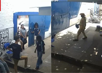 A primeira imagem mostra a chegada da diretora na escola, enquanto a segunda mostra um gari nas dependências da unidade de ensino