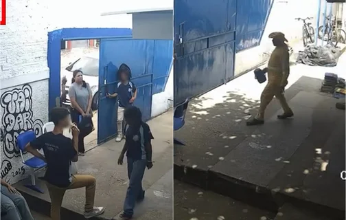 A primeira imagem mostra a chegada da diretora na escola, enquanto a segunda mostra um gari nas dependências da unidade de ensino