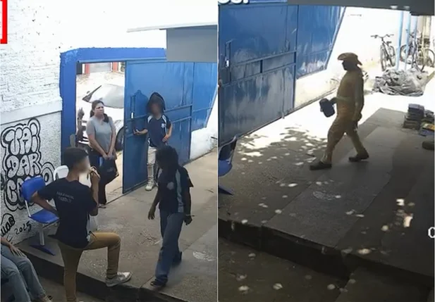 A primeira imagem mostra a chegada da diretora na escola, enquanto a segunda mostra um gari nas dependências da unidade de ensino