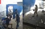 A primeira imagem mostra a chegada da diretora na escola, enquanto a segunda mostra um gari nas dependências da unidade de ensino