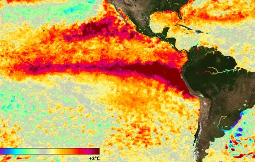 Anomalias de temperatura da superfície do mar em 8 de julho de 2026 ultrapassam 3°C em uma ampla área.
