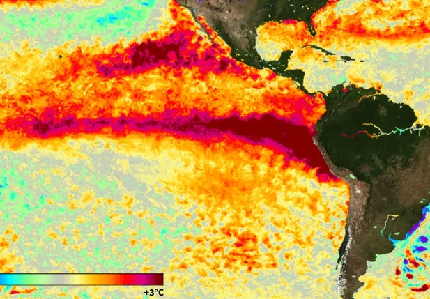 Anomalias de temperatura da superfície do mar em 8 de julho de 2026 ultrapassam 3°C em uma ampla área.