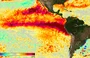 Anomalias de temperatura da superfície do mar em 8 de julho de 2026 ultrapassam 3°C em uma ampla área.