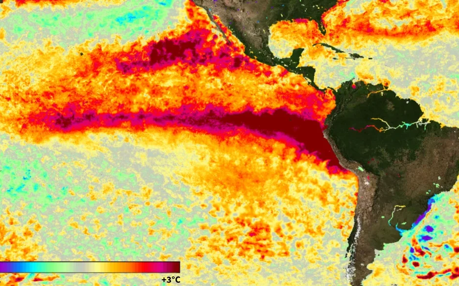 Anomalias de temperatura da superfície do mar em 8 de julho de 2026 ultrapassam 3°C em uma ampla área.