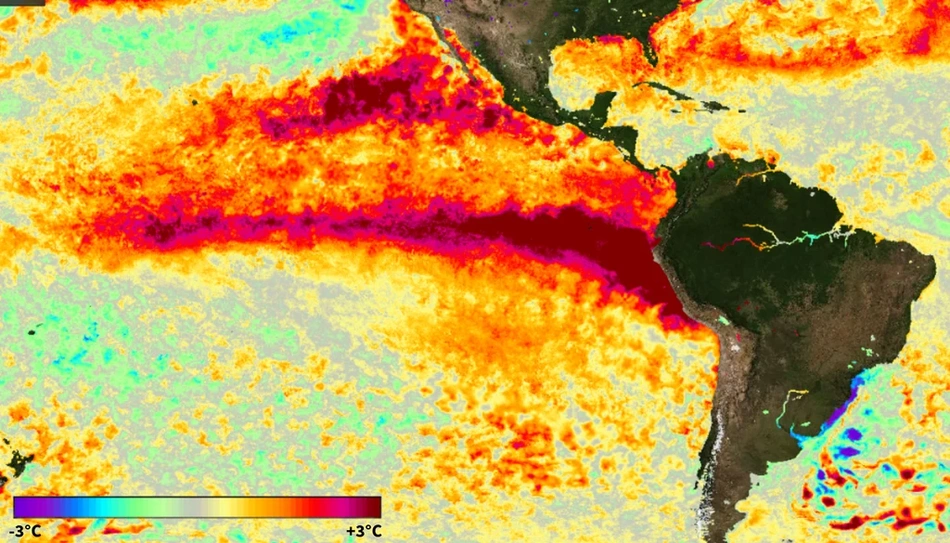 Anomalias de temperatura da superfície do mar em 8 de julho de 2026 ultrapassam 3°C em uma ampla área.