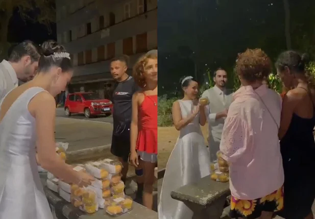 Casal distribui marmitas após casamento em Teresina