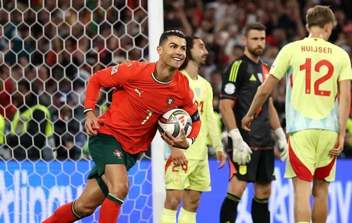 Cristiano Ronaldo celebra seu gol, o segundo de Portugal sobre a Espanha na final da Nations League