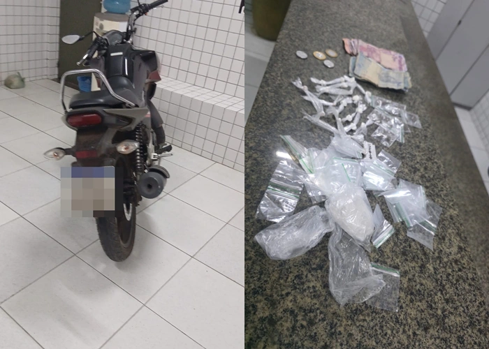 Moto e drogas apreendidas com os homens