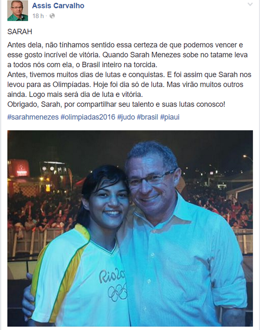 Assis Carvalho presta homenagem à Sarah Menezes