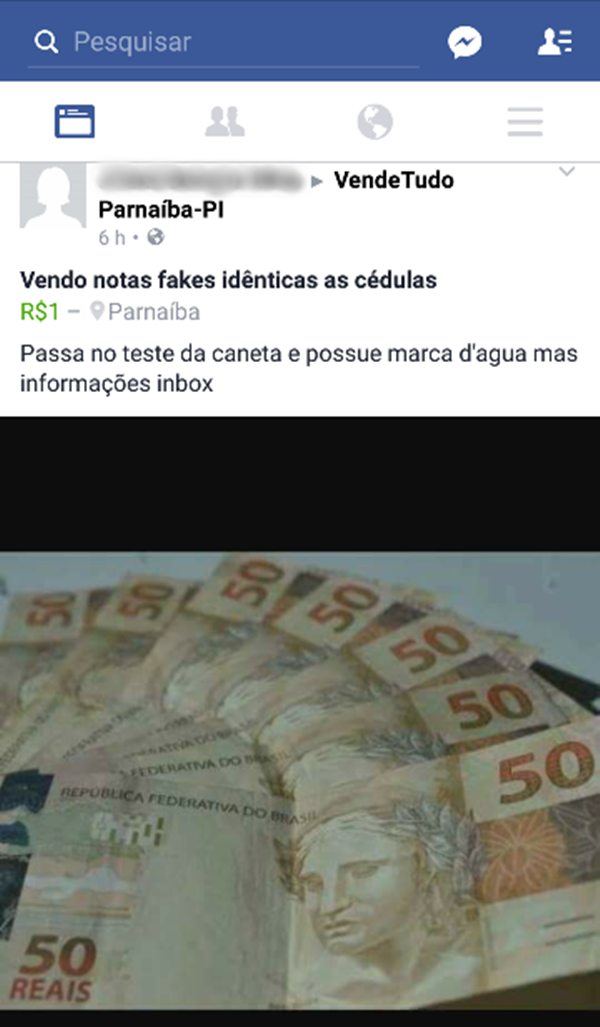 Anúncios de vendas de notas falsificadas