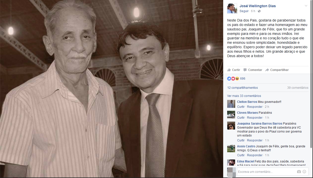 Wellington Dias homenageia seu pai