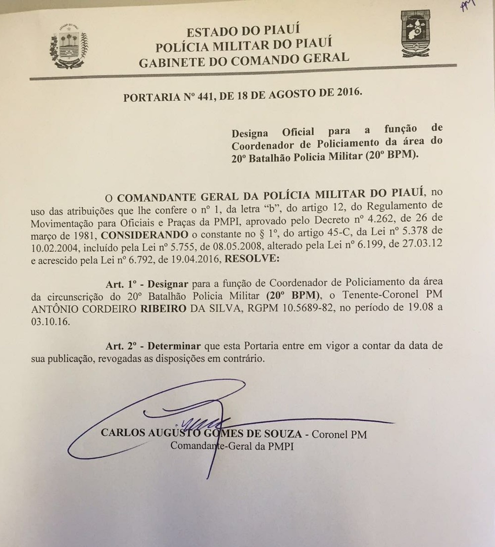 Nomeação do Tenente-Coronel Ribeiro