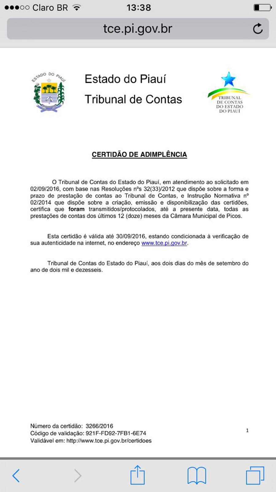 Certidão de adimplência da Câmara Municipal de Picos