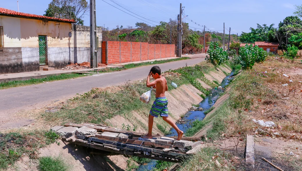 Criaça atravessa galeria por uma ponte de madeira
