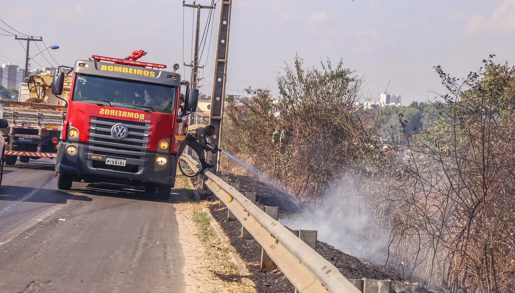 Bombeiros tentando apagar o fogo próximo a BR 343 