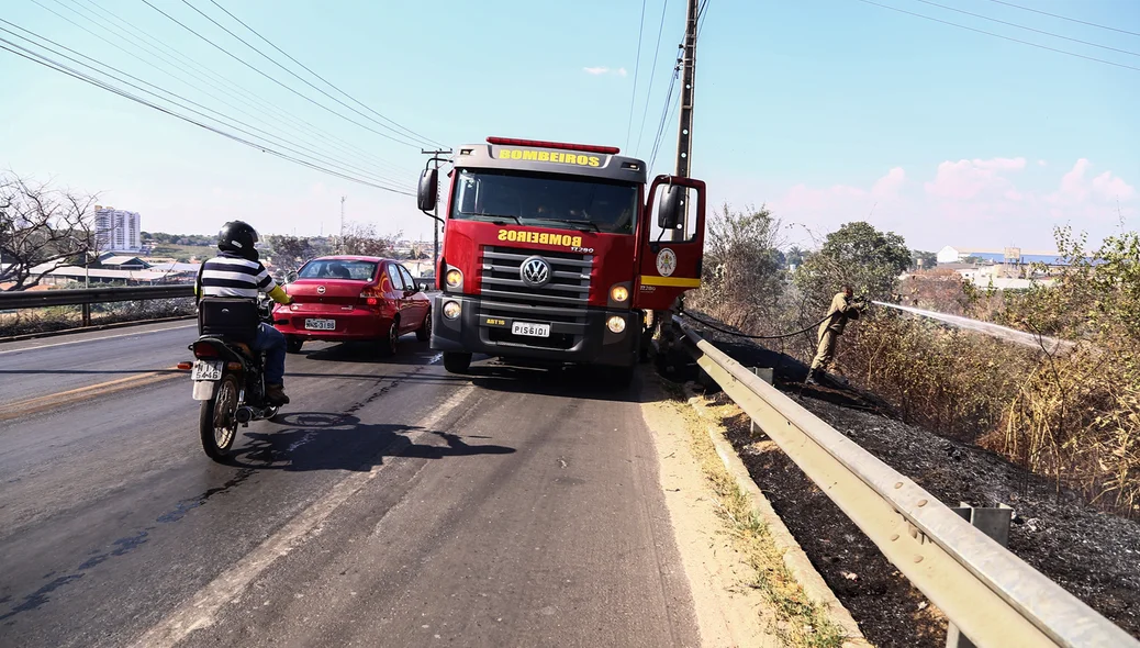 Bombeiros tentando conter o fogo em matagal 