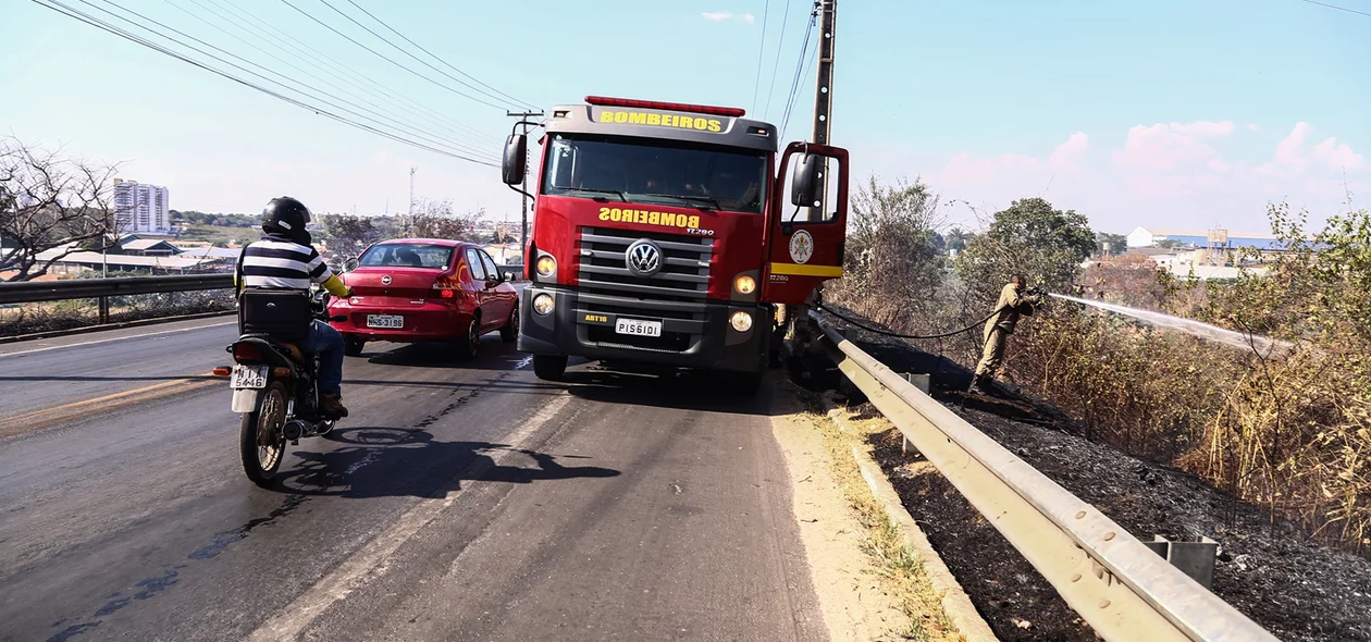 Bombeiros tentando conter o fogo em matagal 