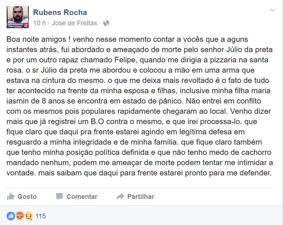 Rubens Rocha é ameaçado de morte