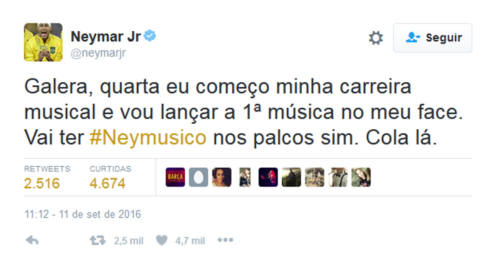 Neymar anuncia carreira musical