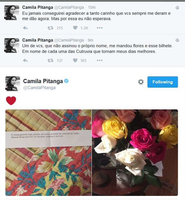 Camila Pitanga agradece presente de fã nesta terça-feira