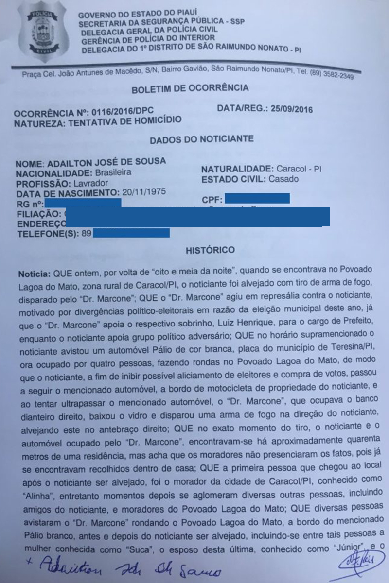 Boletim de ocorrência registrado por Adailton