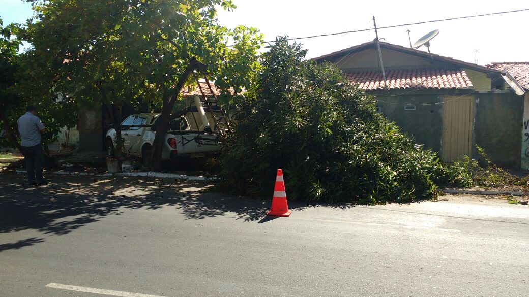 Com a força do impacto, um poste caiu 