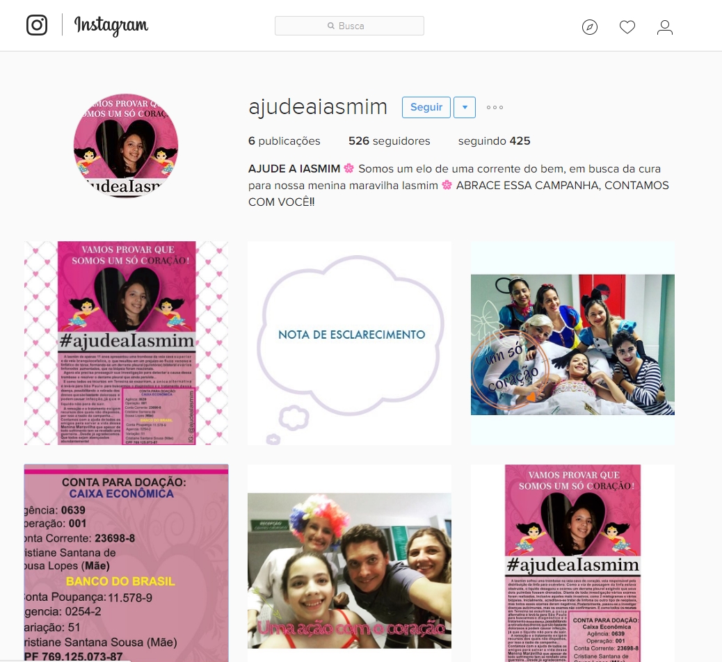 Página no Instagram Ajude a Iasmin