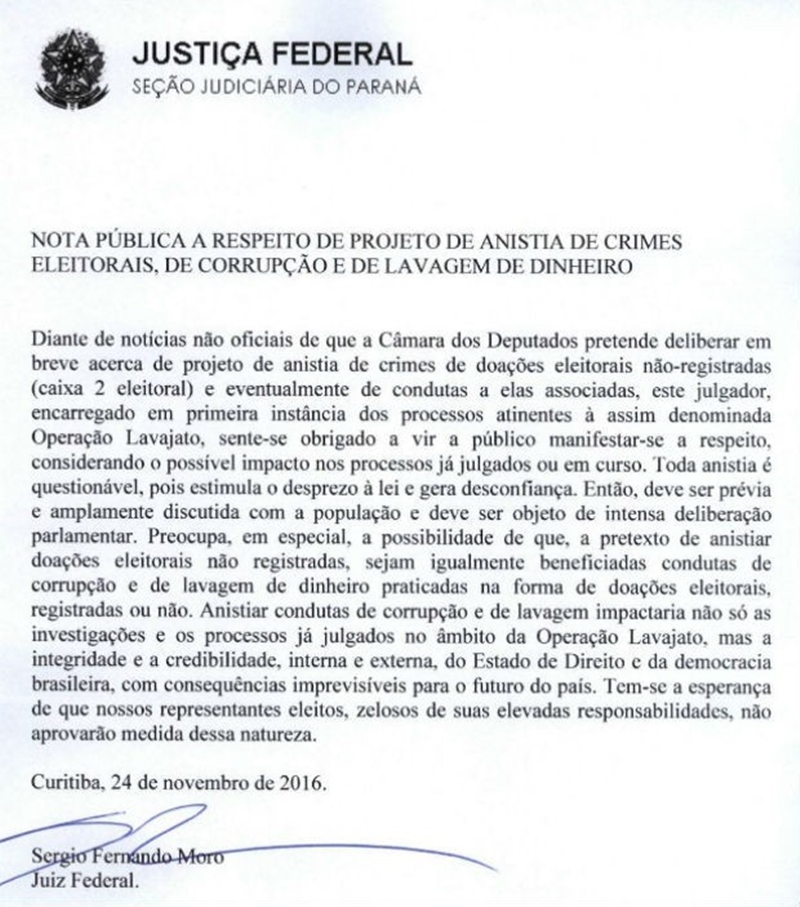 Nota divulgada por Sérgio Moro