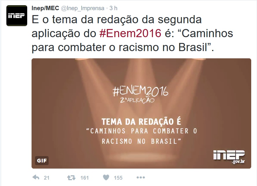 Inep divulga tema da redação da segunda aplicação do Enem 2016