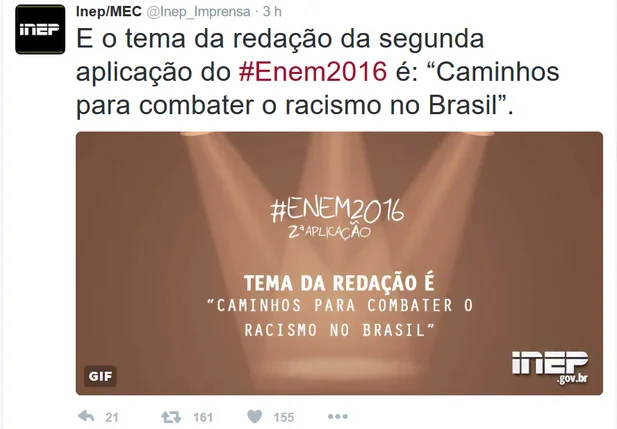 Inep divulga tema da redação da segunda aplicação do Enem 2016