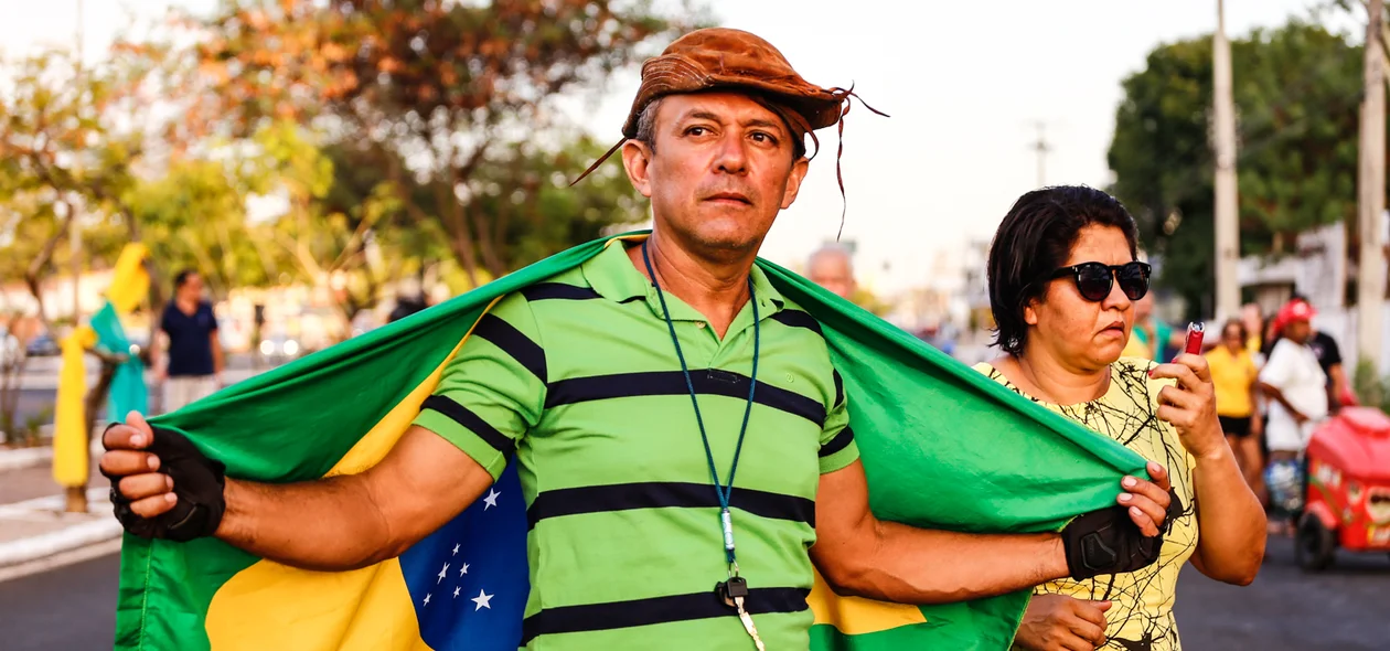 Manifestantes com bandeira do Brasil 