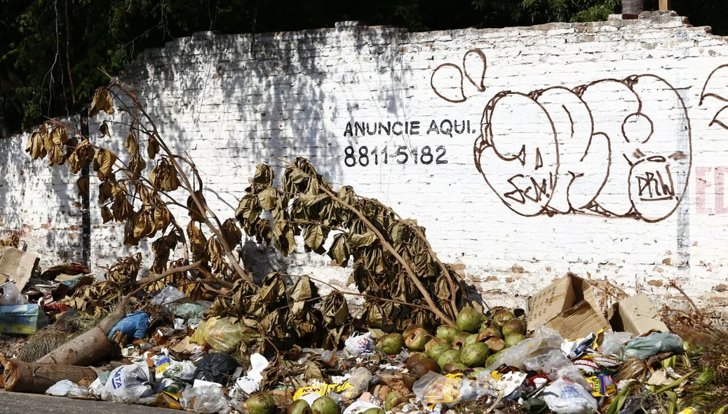 Entulho acumulado ao lado de terreno abandonado na rua Rui Barbosa