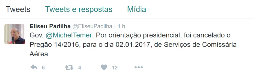 A informação também foi anunciada pelo ministro Eliseu Padilha 