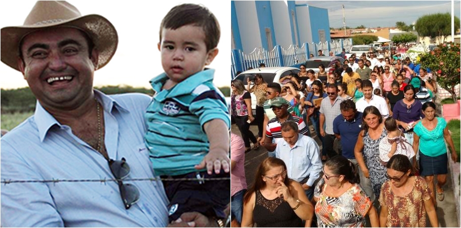 Prefeito Marcinho e o filho à esquerda e o velório da criança à direita  