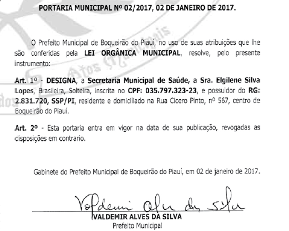 Portaria de nomeação de Elgilene Silva