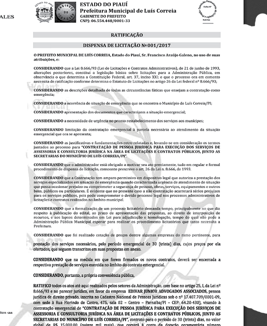 Dispensa de Licitação para contrato de asseessoria jurídica em Luís Correia