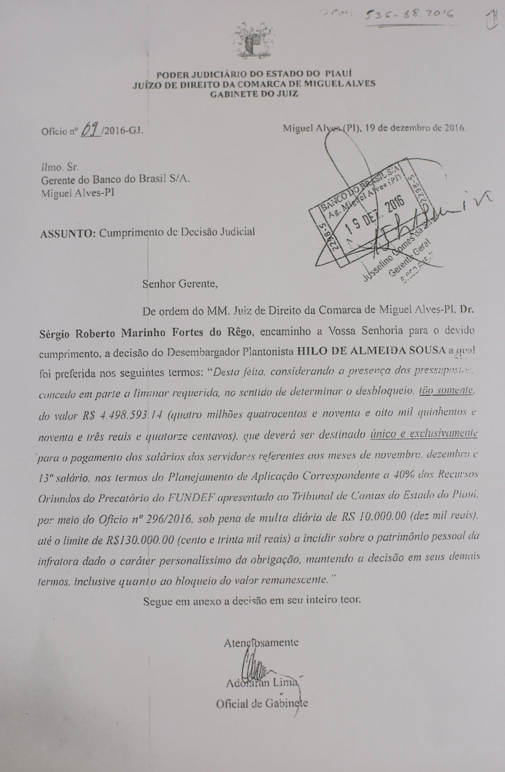 Ofício sobre desbloqueio do dinheiro