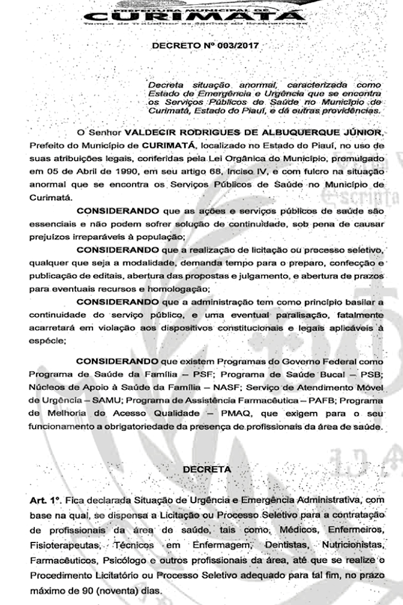 Um dos decretos de emergência em Curimatá