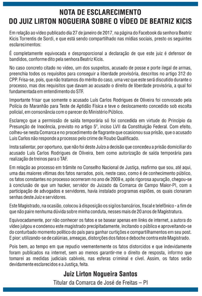 Nota de esclarecimento do juiz Lirton Nogueira Santos
