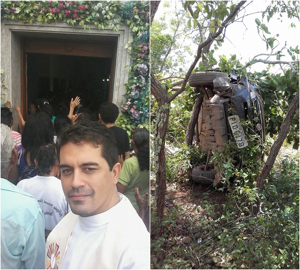 Padre Thailson Guerra ao lado esquerdo e o carro do sacerdote após o acidente ao lado direito