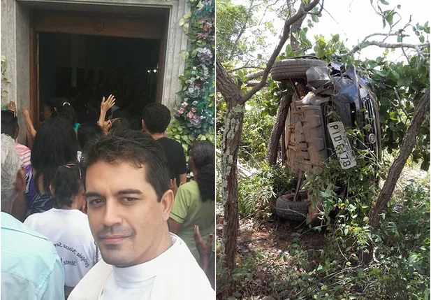 Padre Thailson Guerra ao lado esquerdo e o carro do sacerdote após o acidente ao lado direito